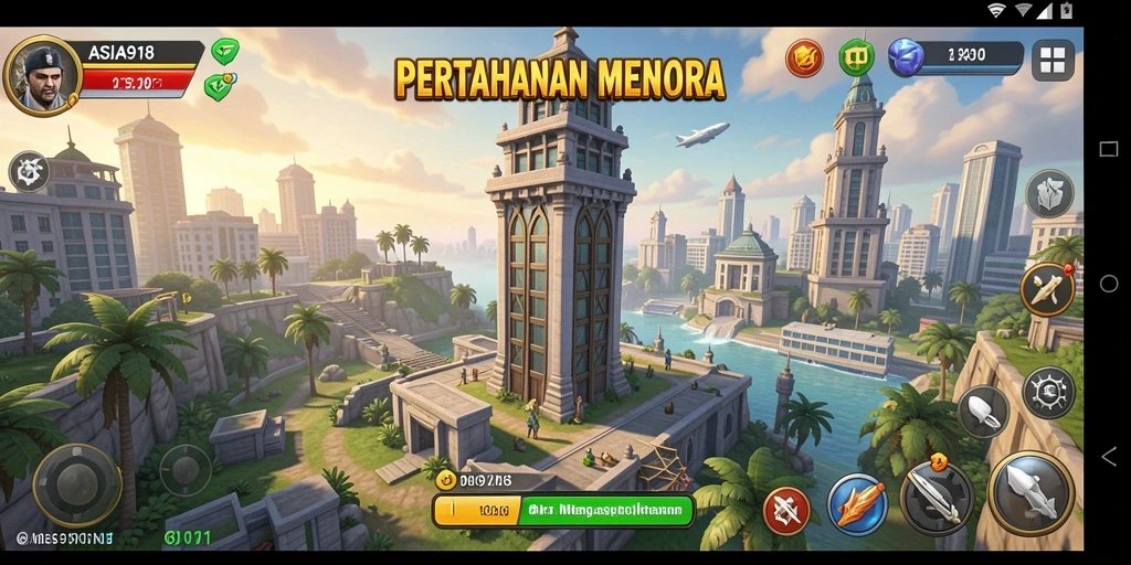 Tampilan gameplay menara pertahanan yang intens dan menantang.