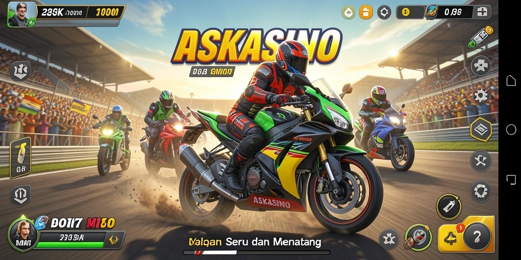 Screenshot gameplay <strong>ASKASINO</strong> menampilkan aksi balapan motor yang mendebarkan.