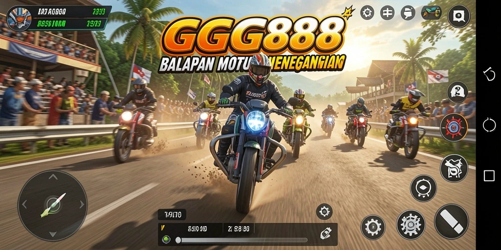 Screenshot gameplay GGG888 menampilkan balapan motor yang mendebarkan.