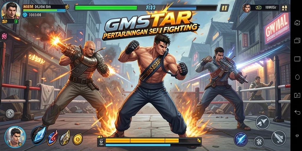 Screenshot gameplay GMSTAR menampilkan pertarungan intens dan karakter beragam.