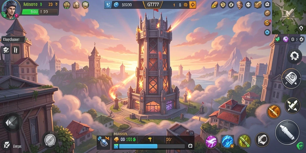 Gameplay seru GT777 dengan menara yang berfungsi sebagai pertahanan.