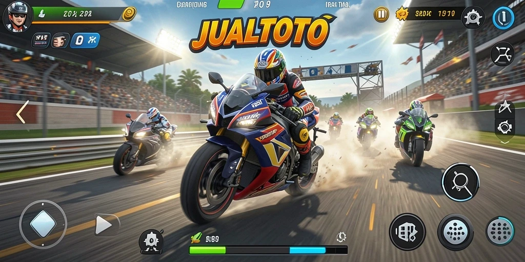 Tangkapan layar JUALTOTO yang menunjukkan aksi balap motor yang mendebarkan.