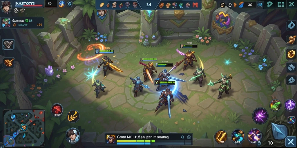 Screenshot gameplay KASTOTO yang menampilkan pertempuran MOBA yang seru.