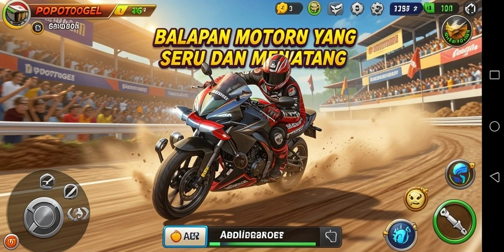 Tampilan gameplay POPOTOGEL dengan aksi balapan motor yang seru.