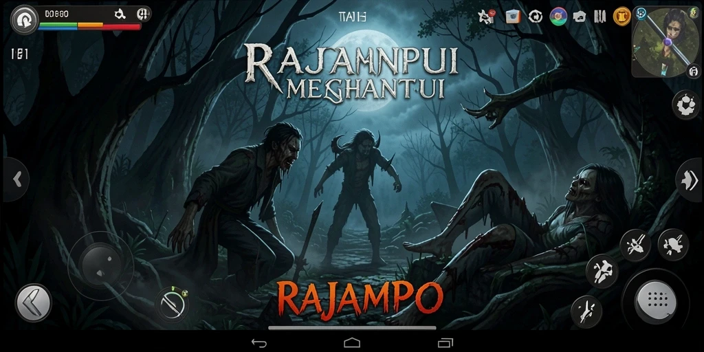 Screenshot RAJAMPO menampilkan suasana menyeramkan dengan karakter yang terjebak dalam kegelapan.
