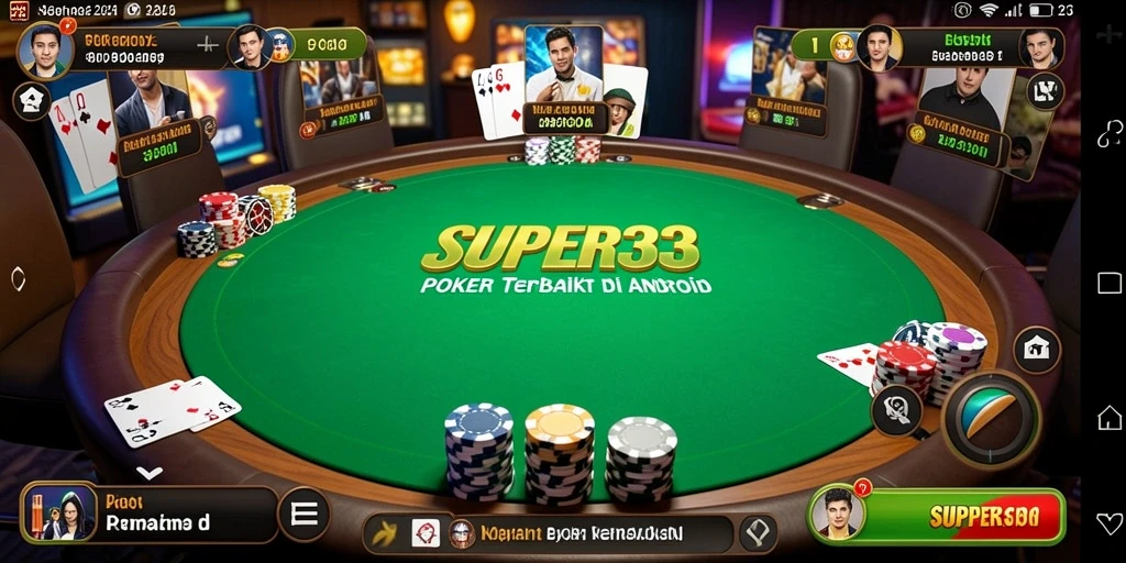 Screenshot gameplay SUPER33 menampilkan aksi kartu poker yang mendebarkan.